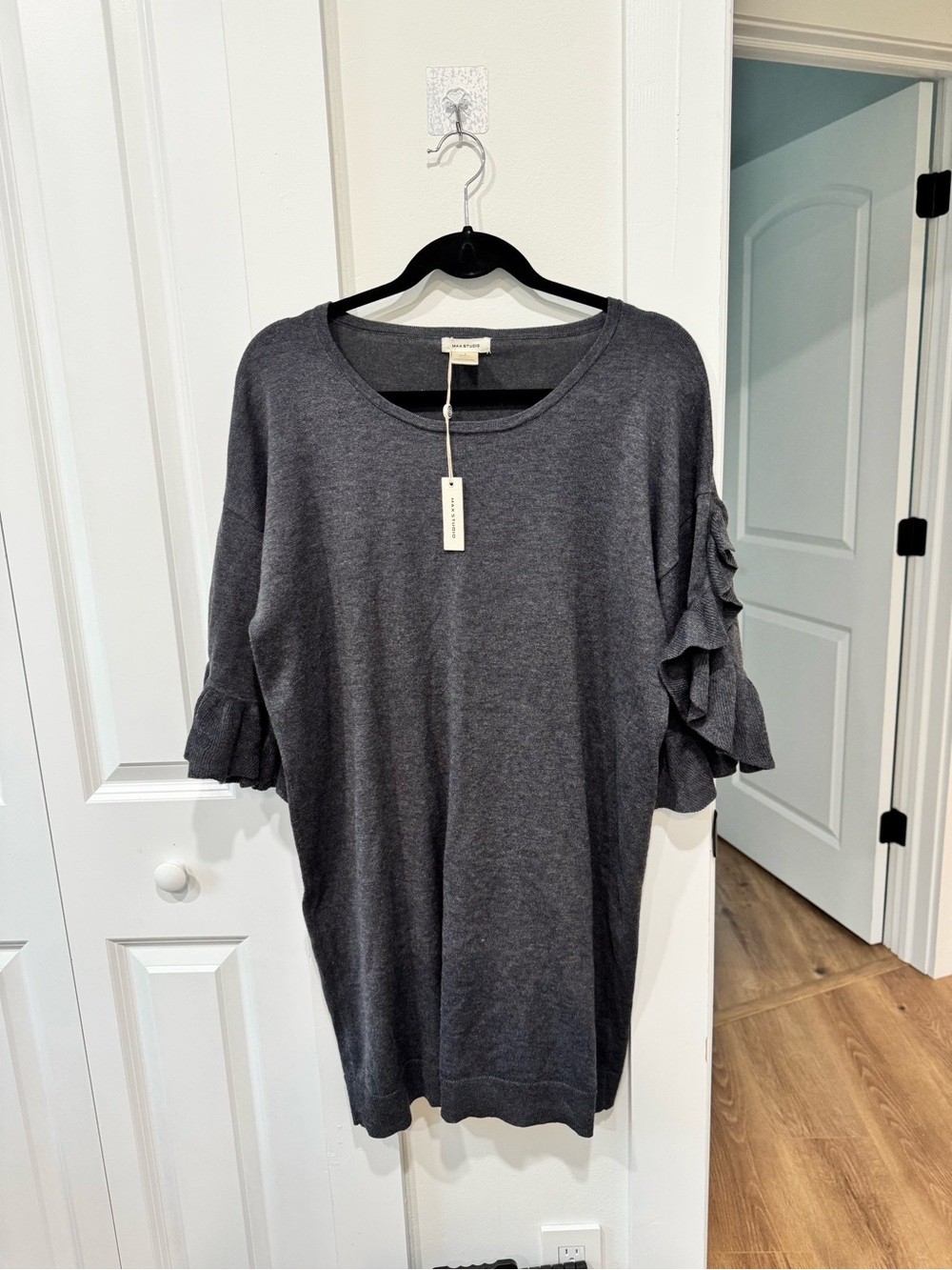 Max Studio Ruffle Sleeve Knit Tunic - Charcoal Gray